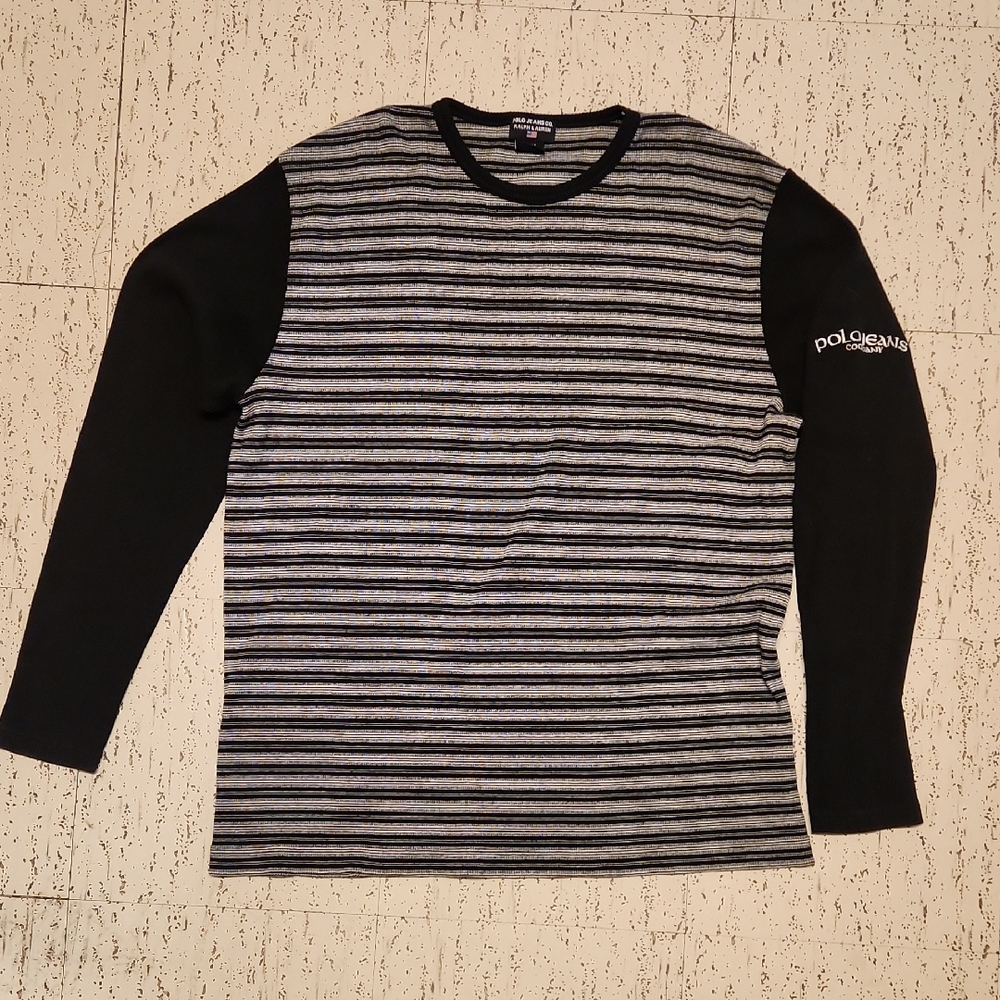 Polo Jeans Ralph Lauren Stripe Knit Crewneck Sweater Vintage 90s Black & White
